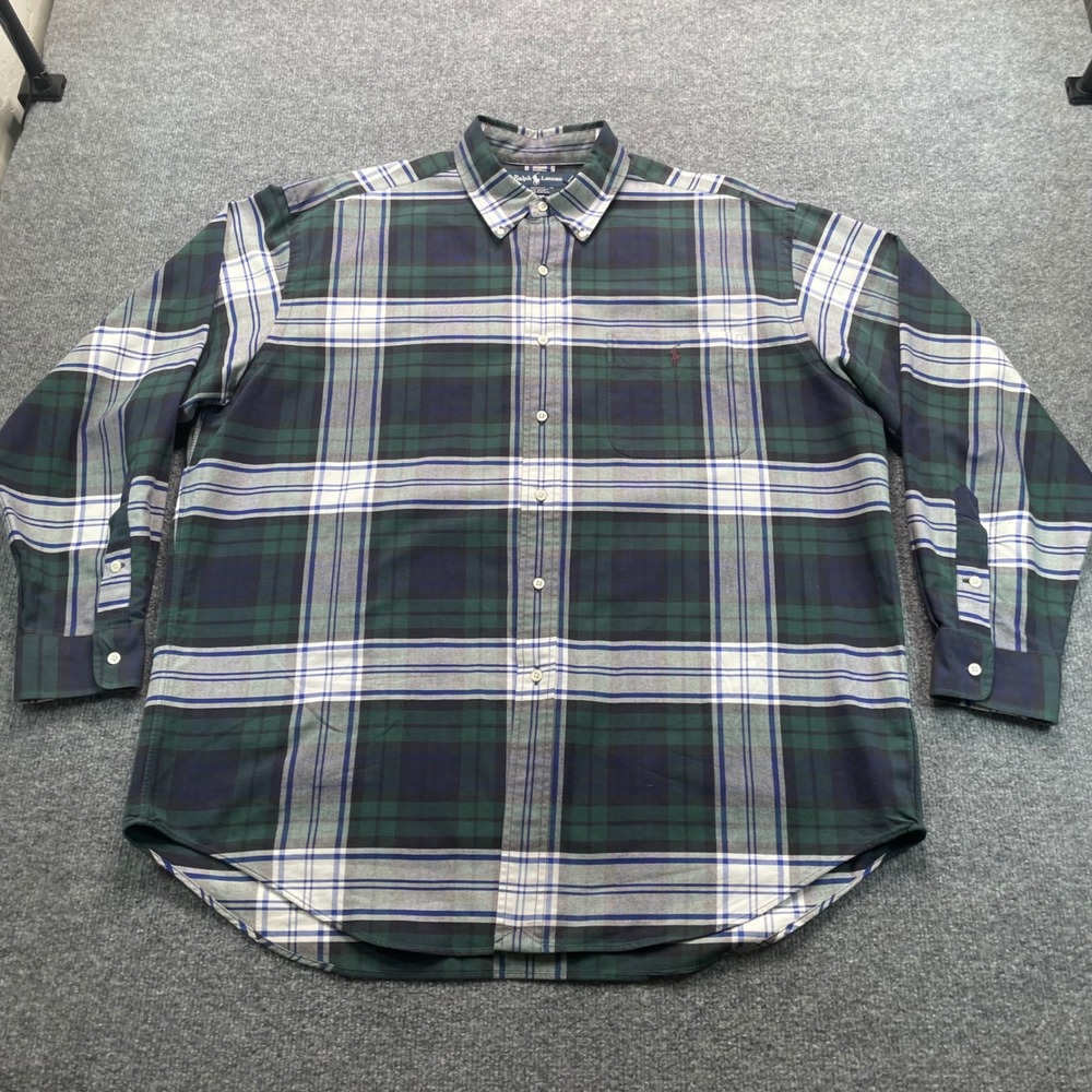 Ralph Lauren Big Shirt Men L Green Blue Plaid Cotton Button Down Long Sleeve